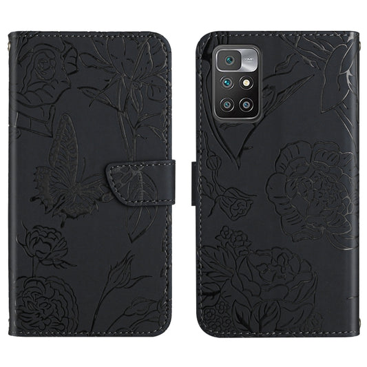 For Xiaomi Redmi 10 4G Skin Feel Butterfly Peony Embossed Leather Phone Case(Black) - Xiaomi Cases by buy2fix | Online Shopping UK | buy2fix