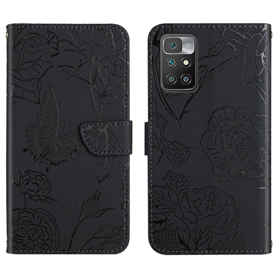 For Xiaomi Redmi 10 4G Skin Feel Butterfly Peony Embossed Leather Phone Case(Black)