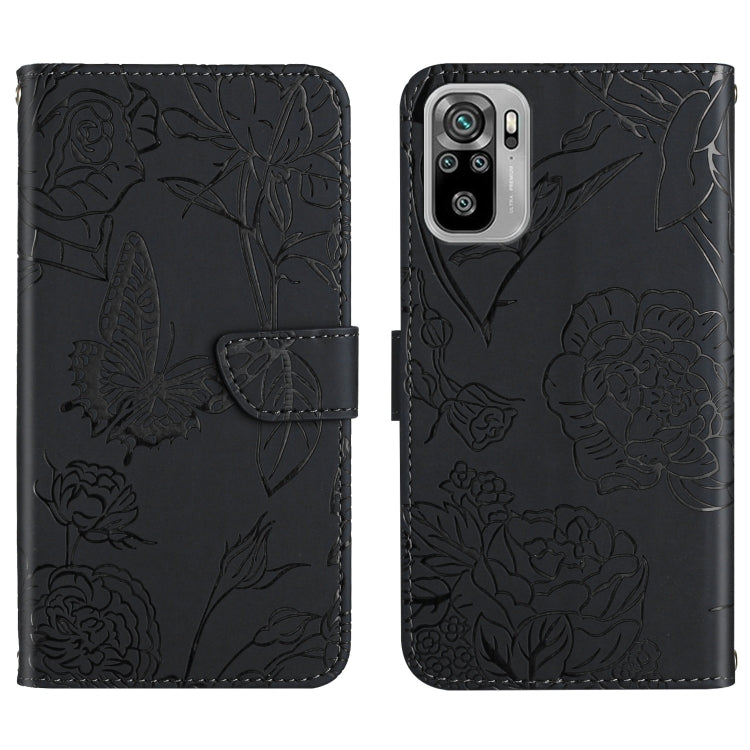 For Xiaomi Redmi Note 10 4G Skin Feel Butterfly Peony Embossed Leather Phone Case(Black) - Xiaomi Cases by buy2fix | Online Shopping UK | buy2fix