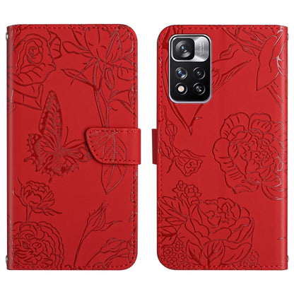 For Xiaomi Redmi Note 11 Pro Foreign Version Skin Feel Butterfly Peony Embossed Leather Phone Case(Red) by buy2fix