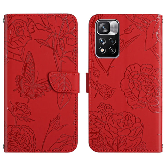 For Xiaomi Redmi Note 11 Pro Foreign Version Skin Feel Butterfly Peony Embossed Leather Phone Case(Red)