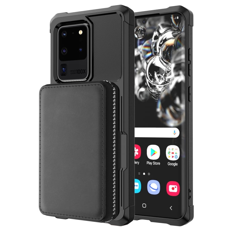 For Samsung Galaxy S20 Ultra Zipper Wallet Card Bag PU Back Phone Case(Black) by buy2fix