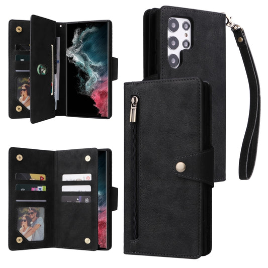For Samsung Galaxy S22 Ultra 5G Rivet Buckle 9 Cards Three Fold Leather Phone Case(Black) - Galaxy S22 Ultra 5G Cases by buy2fix | Online Shopping UK | buy2fix