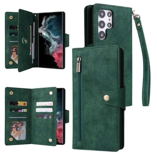 For Samsung Galaxy S22 Ultra 5G Rivet Buckle 9 Cards Three Fold Leather Phone Case(Green) - Galaxy S22 Ultra 5G Cases by buy2fix | Online Shopping UK | buy2fix