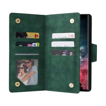 For Samsung Galaxy S22 Ultra 5G Rivet Buckle 9 Cards Three Fold Leather Phone Case(Green) - Galaxy S22 Ultra 5G Cases by buy2fix | Online Shopping UK | buy2fix