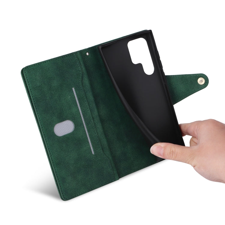 For Samsung Galaxy S22 Ultra 5G Rivet Buckle 9 Cards Three Fold Leather Phone Case(Green) - Galaxy S22 Ultra 5G Cases by buy2fix | Online Shopping UK | buy2fix