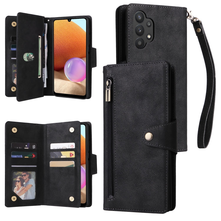 For Samsung Galaxy A32 4G Rivet Buckle 9 Cards Three Fold Leather Phone Case(Black) by buy2fix