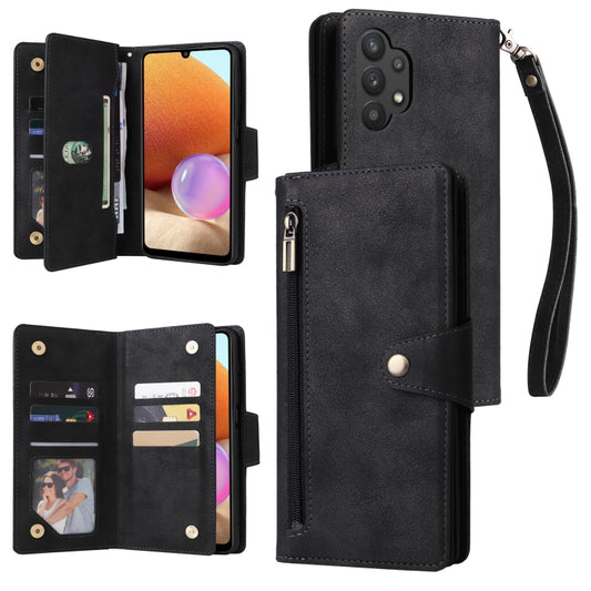 For Samsung Galaxy A32 4G Rivet Buckle 9 Cards Three Fold Leather Phone Case(Black) by buy2fix