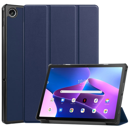 For Lenovo Tab M10 Plus 10.6 3rd Gen 2022 Custer Texture 3-Fold Holder Smart Leather Tablet Case(Dark Blue) - Lenovo by buy2fix | Online Shopping UK | buy2fix