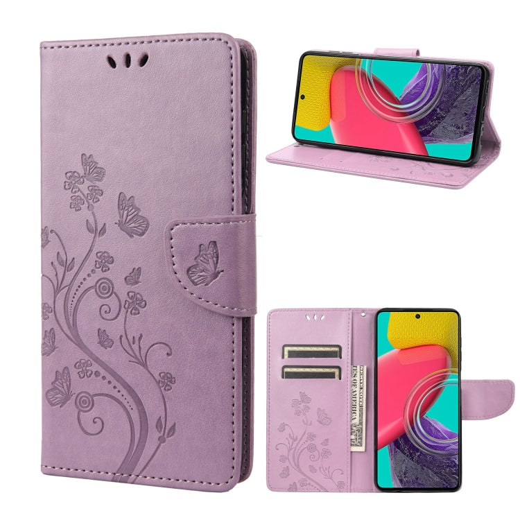 For Samsung Galaxy M53 5G Butterfly Flower Pattern Flip Leather Phone Case(Light Purple) by buy2fix