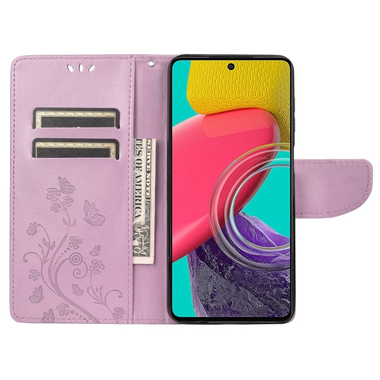 For Samsung Galaxy M53 5G Butterfly Flower Pattern Flip Leather Phone Case(Light Purple) by buy2fix