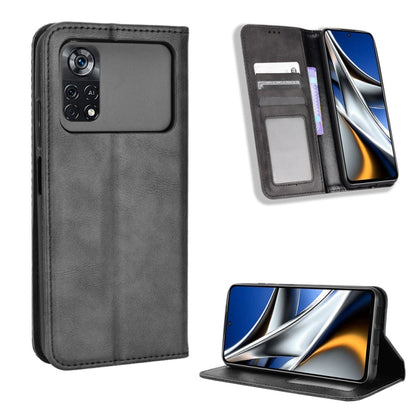 For Xiaomi Poco X4 Pro 5G Fine Hole Magnetic Buckle Retro Texture Leather Phone Case(Black) - Xiaomi Cases by buy2fix | Online Shopping UK | buy2fix