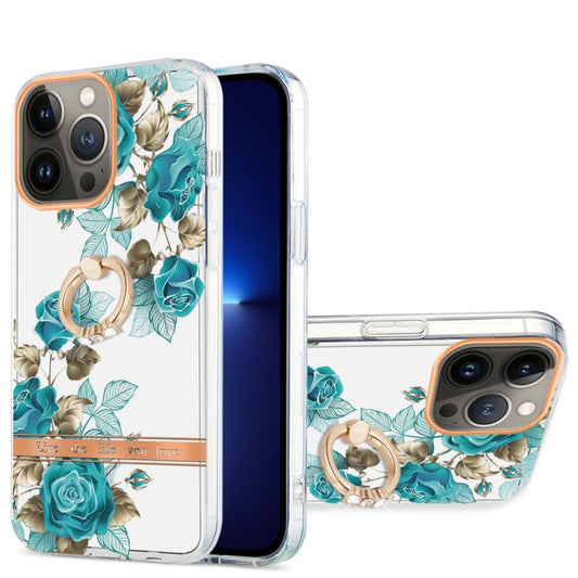 For iPhone 13 Pro Max Ring IMD Flowers TPU Phone Case (Blue Rose) - iPhone 13 Pro Max Cases by buy2fix | Online Shopping UK | buy2fix