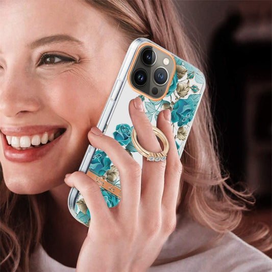 For iPhone 13 Pro Max Ring IMD Flowers TPU Phone Case (Blue Rose) - iPhone 13 Pro Max Cases by buy2fix | Online Shopping UK | buy2fix