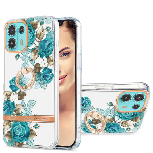 For Motorola Moto Edge 20 Lite Ring IMD Flowers TPU Phone Case(Blue Rose) - Motorola Cases by buy2fix | Online Shopping UK | buy2fix