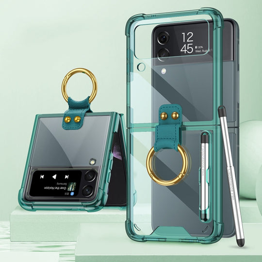 For Samsung Galaxy Z Flip3 5G GKK Shockproof Airbag Phone Case with Ring Holder & Stylus Pen(Transparent Green)