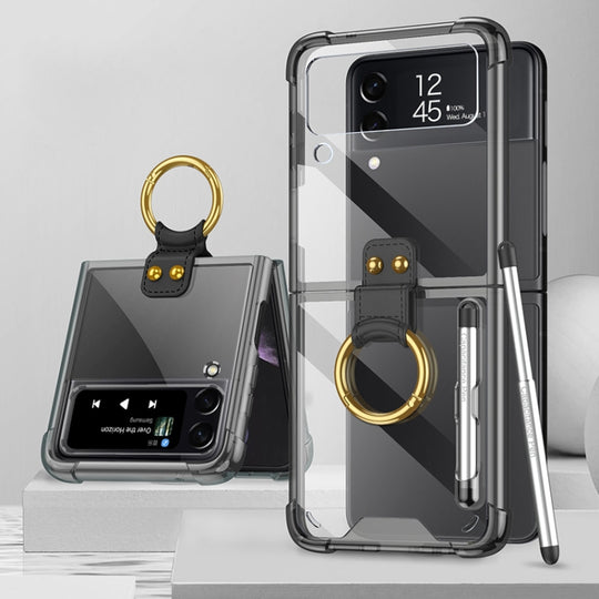 For Samsung Galaxy Z Flip3 5G GKK Shockproof Airbag Phone Case with Ring Holder & Stylus Pen(Transparent Black)
