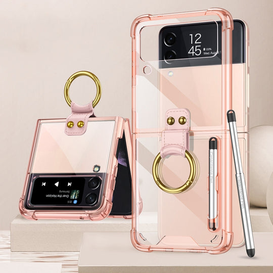 For Samsung Galaxy Z Flip3 5G GKK Shockproof Airbag Phone Case with Ring Holder & Stylus Pen(Transparent Pink)