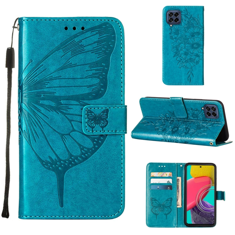 For Samsung Galaxy M33 5G Embossed Butterfly Leather Phone Case(Blue) by buy2fix
