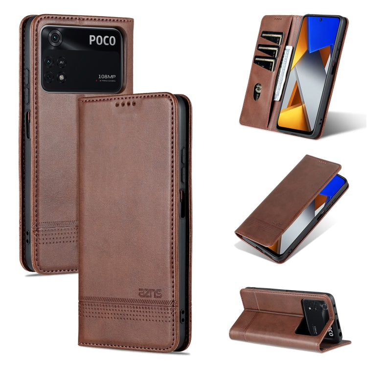 For Xiaomi POCO X4 Pro 5G AZNS Magnetic Calf Texture Leather Phone Case(Dark Brown) by AZNS