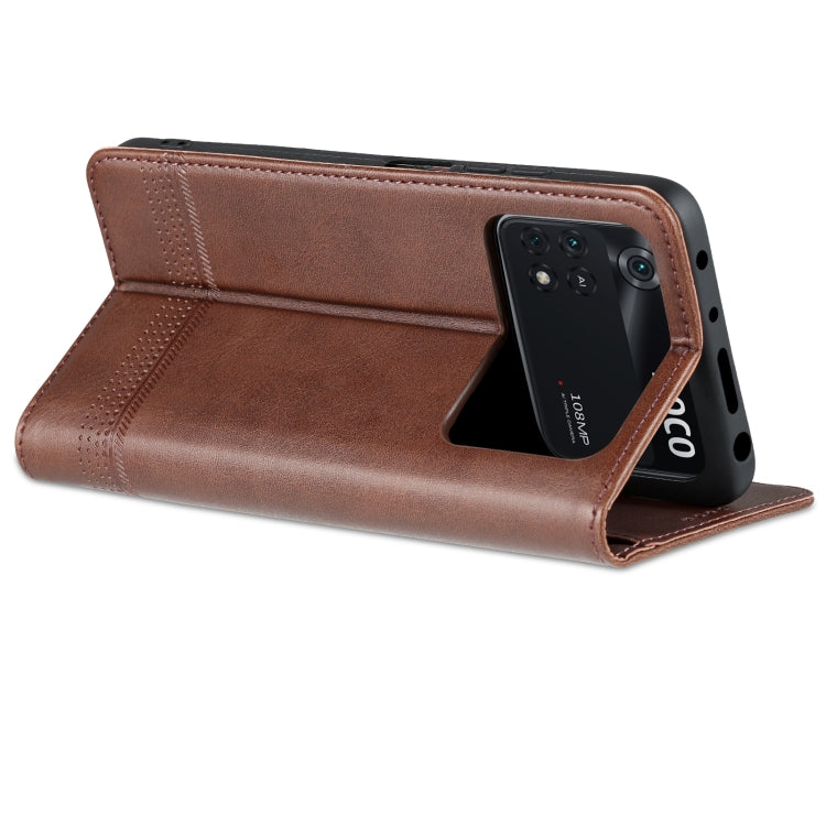 For Xiaomi POCO X4 Pro 5G AZNS Magnetic Calf Texture Leather Phone Case(Dark Brown) by AZNS