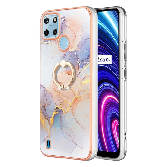 For OPPO Realme C21Y / C25Y Electroplating IMD TPU Phone Case with Ring(White Marble) - Realme Cases by buy2fix | Online Shopping UK | buy2fix