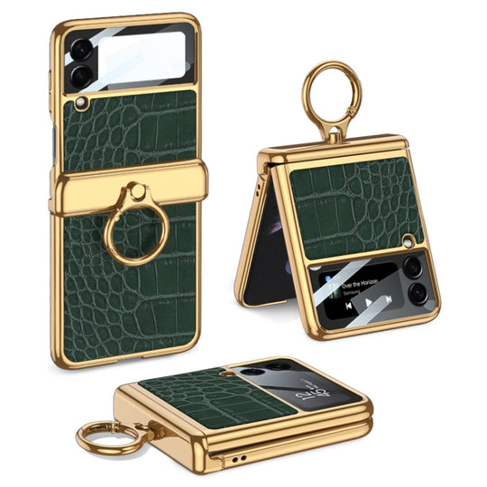 For Samsung Galaxy Z Flip3 5G GKK Integrated Plating + Leather Flip Phone Case(Crocodile Green)
