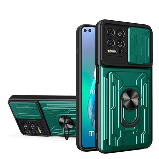 Pour Motorola Moto G100 Sliding Camshield TPU + PC Phone Case avec fente pour carte (vert foncé)