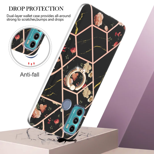 For Motorola Moto G60 / G40 Fusion Splicing Marble Flower Pattern TPU Ring Holder Case(Black Flower) - Motorola Cases by buy2fix | Online Shopping UK | buy2fix