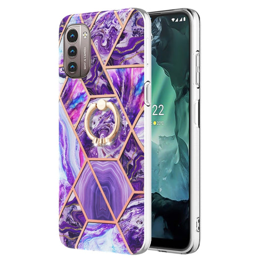 For Nokia G21 / G11 Splicing Marble Pattern Dual-side IMD TPU Ring Holder Case(Dark Purple) - Nokia Cases by buy2fix | Online Shopping UK | buy2fix