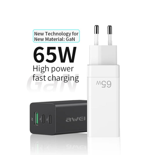 awei PD9 65W Dual Type-C / USB-C + USB GaN Fast Charging Travel Charger, EU Plug(Black) - USB Charger by awei | Online Shopping UK | buy2fix