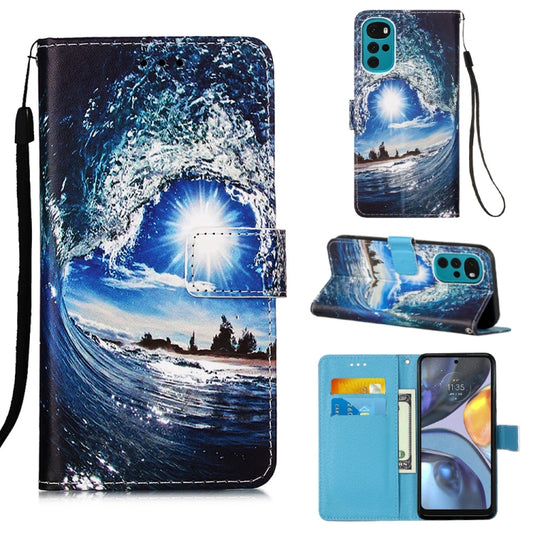 For Motorola Moto G22 Colored Drawing Plain Weave Leather Phone Case(Waves And Sun) - Motorola Cases by buy2fix | Online Shopping UK | buy2fix