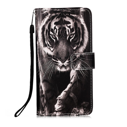 For Motorola Moto G22 Colored Drawing Plain Weave Leather Phone Case(Black White Tiger) - Motorola Cases by buy2fix | Online Shopping UK | buy2fix