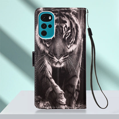 For Motorola Moto G22 Colored Drawing Plain Weave Leather Phone Case(Black White Tiger) - Motorola Cases by buy2fix | Online Shopping UK | buy2fix