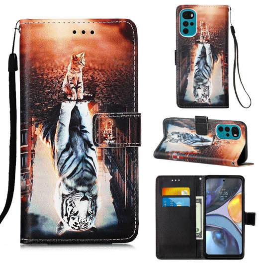 For Motorola Moto G22 Colored Drawing Plain Weave Leather Phone Case(Cat And Tiger) - Motorola Cases by buy2fix | Online Shopping UK | buy2fix