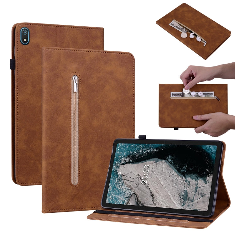 For Nokia T20 10.4 2021 Skin Feel Solid Color Zipper Leather Tablet Case(Brown) - Nokia by buy2fix | Online Shopping UK | buy2fix
