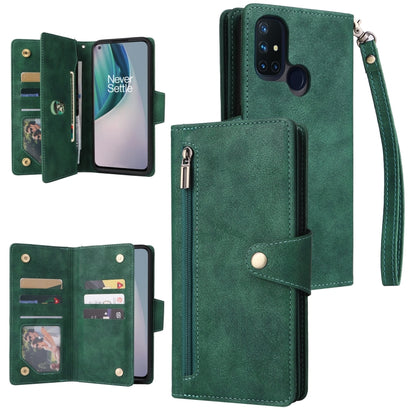 For OnePlus Nord N10 5G Rivet Buckle 9 Cards Three Fold Leather Phone Case(Green) - OnePlus Cases by buy2fix | Online Shopping UK | buy2fix