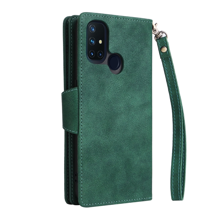 For OnePlus Nord N10 5G Rivet Buckle 9 Cards Three Fold Leather Phone Case(Green) - OnePlus Cases by buy2fix | Online Shopping UK | buy2fix