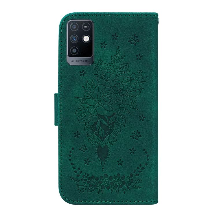 For Infinix Note 10 X693 Butterfly Rose Embossed Leather Phone Case(Green) - Infinix Cases by buy2fix | Online Shopping UK | buy2fix