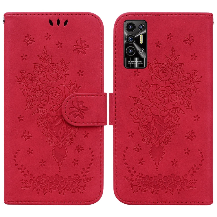 For Tecno Pova 2 Butterfly Rose Embossed Leather Phone Case(Red) by buy2fix
