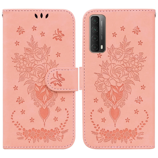 For Huawei P Smart 2021 / Y7a Butterfly Rose Embossed Leather Phone Case(Pink) - Huawei Cases by buy2fix | Online Shopping UK | buy2fix