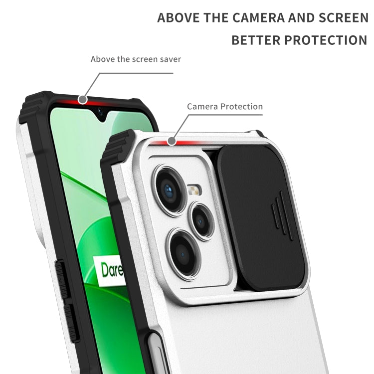 For OPPO Realme C35 Stereoscopic Holder Sliding Camshield Phone Case(White) - Realme Cases by buy2fix | Online Shopping UK | buy2fix