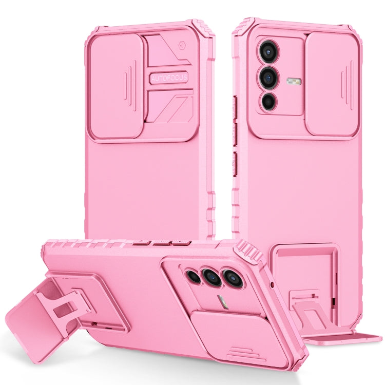 For vivo V23 5G Stereoscopic Holder Sliding Camshield Phone Case(Pink) - vivo Cases by buy2fix | Online Shopping UK | buy2fix