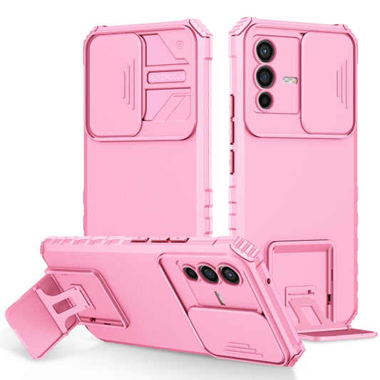For vivo V23 5G Stereoscopic Holder Sliding Camshield Phone Case(Pink) - vivo Cases by buy2fix | Online Shopping UK | buy2fix