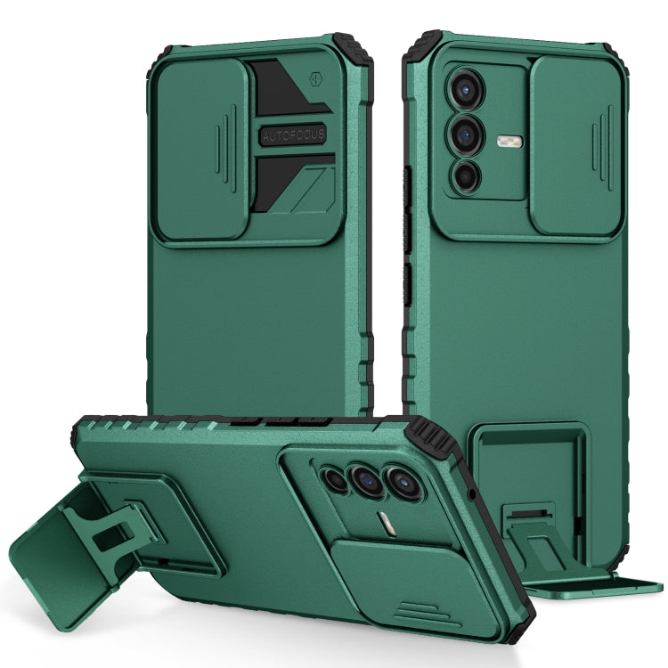 For vivo V23 5G Stereoscopic Holder Sliding Camshield Phone Case(Dark Green) by buy2fix