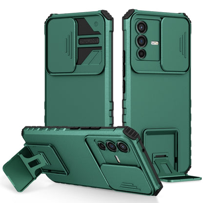 For vivo V23 5G Stereoscopic Holder Sliding Camshield Phone Case(Dark Green) by buy2fix