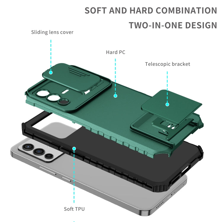 For vivo V23 5G Stereoscopic Holder Sliding Camshield Phone Case(Dark Green) by buy2fix