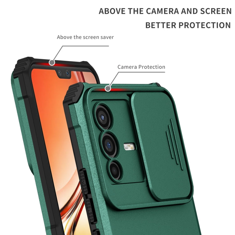 For vivo V23 5G Stereoscopic Holder Sliding Camshield Phone Case(Dark Green) by buy2fix