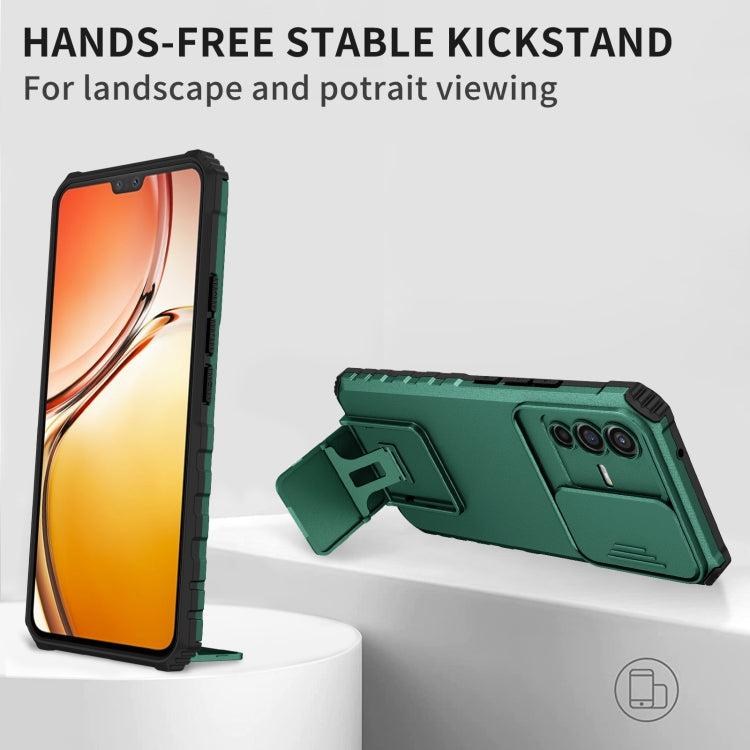 For vivo V23 5G Stereoscopic Holder Sliding Camshield Phone Case(Dark Green) by buy2fix