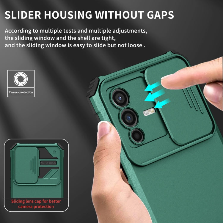 For vivo V23 5G Stereoscopic Holder Sliding Camshield Phone Case(Dark Green) by buy2fix